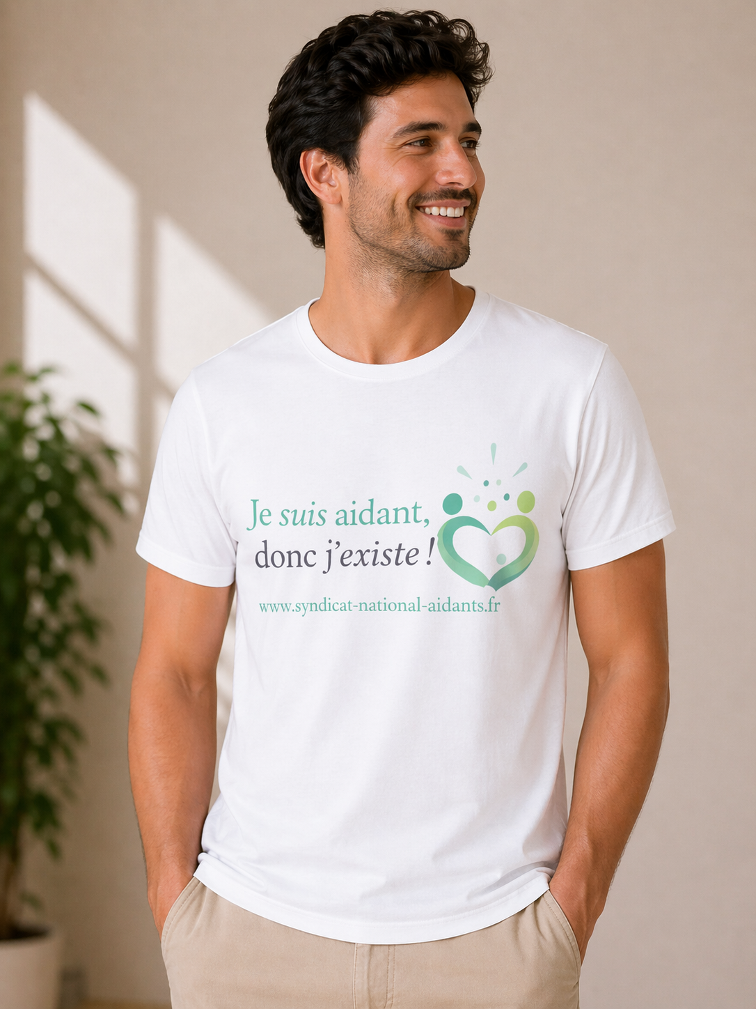 Tee-shirt solidaire blanc col rond – "Je suis aidant, donc j'existe !"