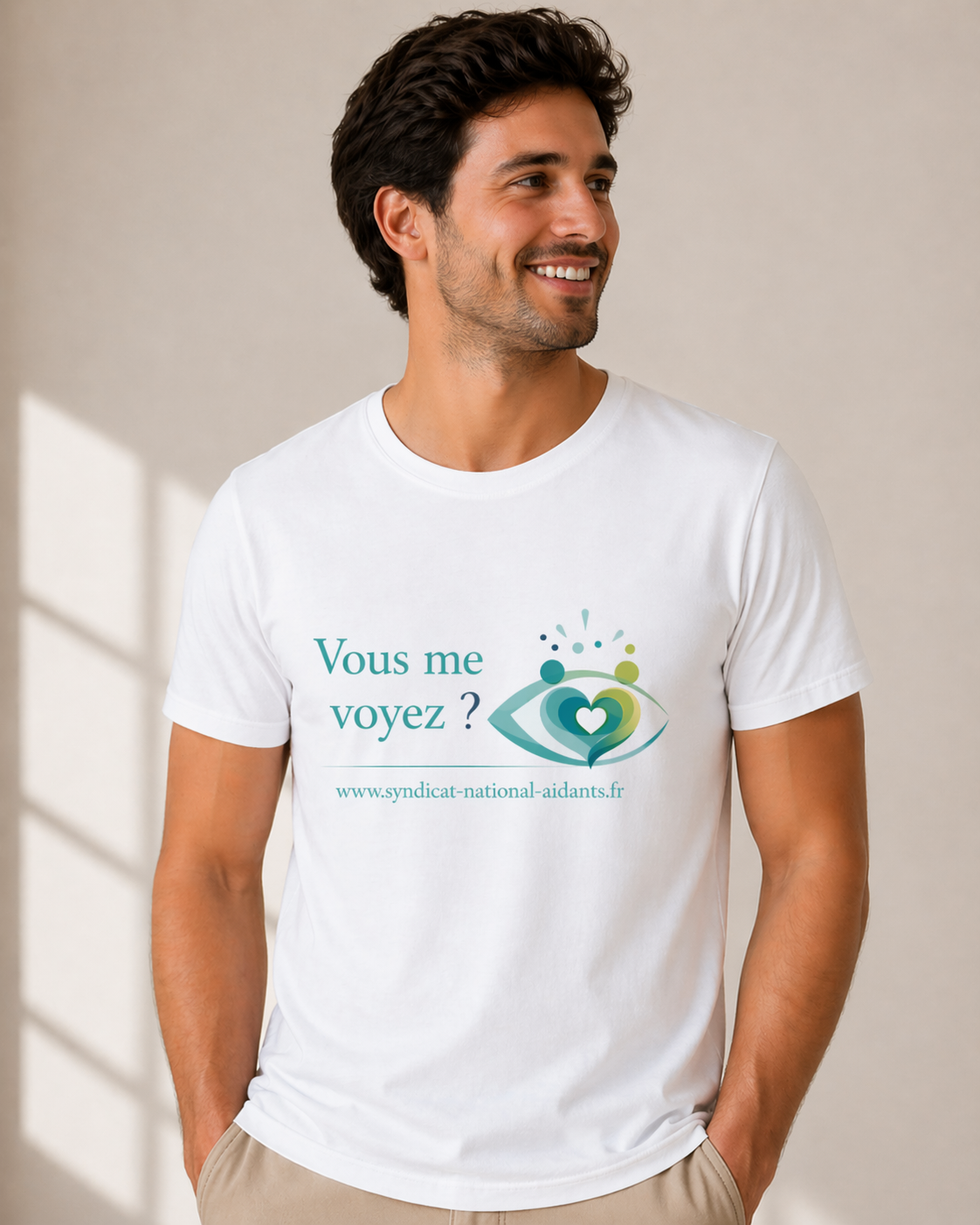 Tee-shirt solidaire blanc col rond –  "Vous me voyez ?"